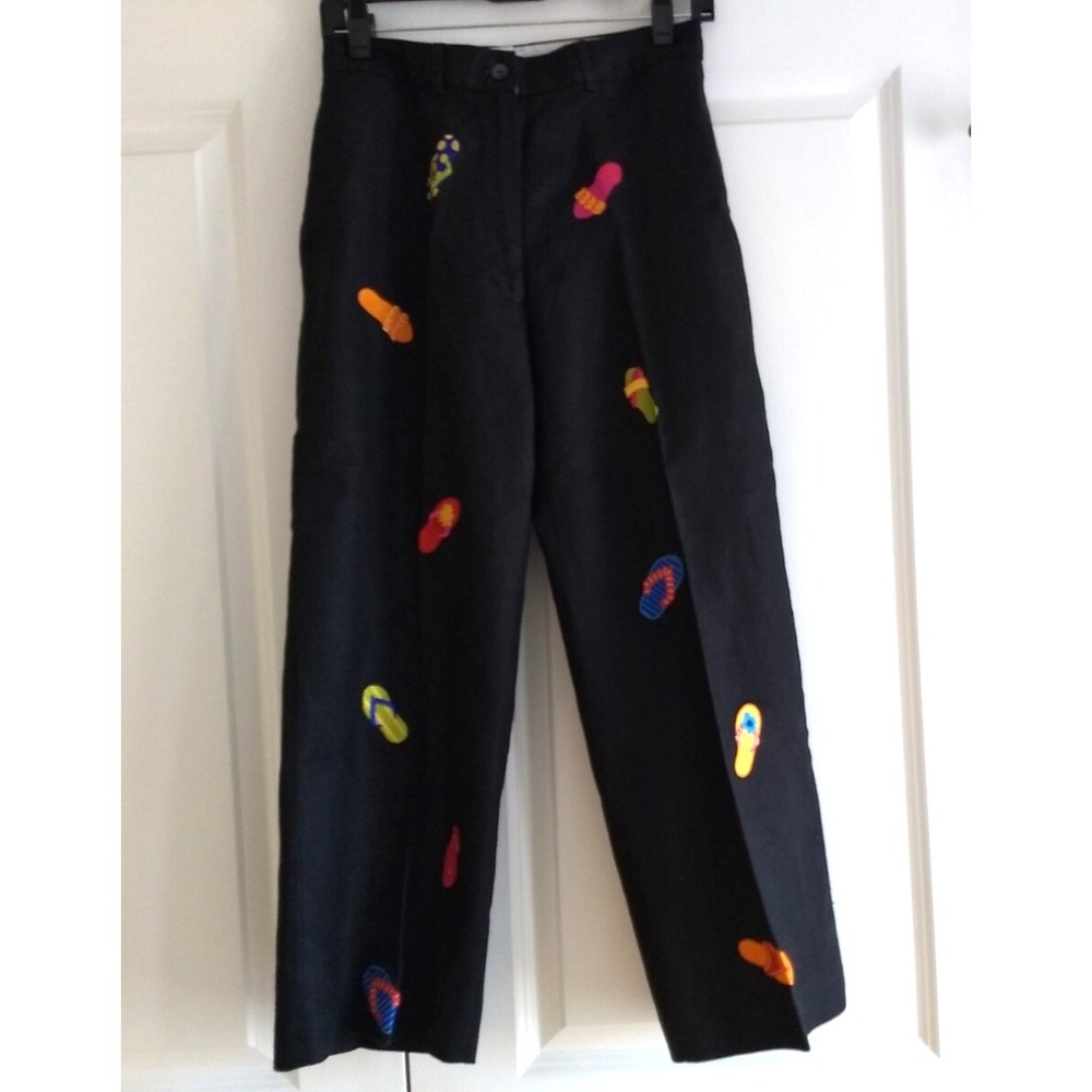 Deane & White 100% Linen Pants Black‎ Cropped Embroidered Flip Flops Womens 8